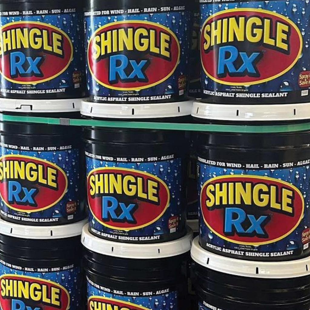 Multiple stacked Shingle RX acrylic asphalt shingle sealant buckets formulated for wind hail rain sun and algae protection