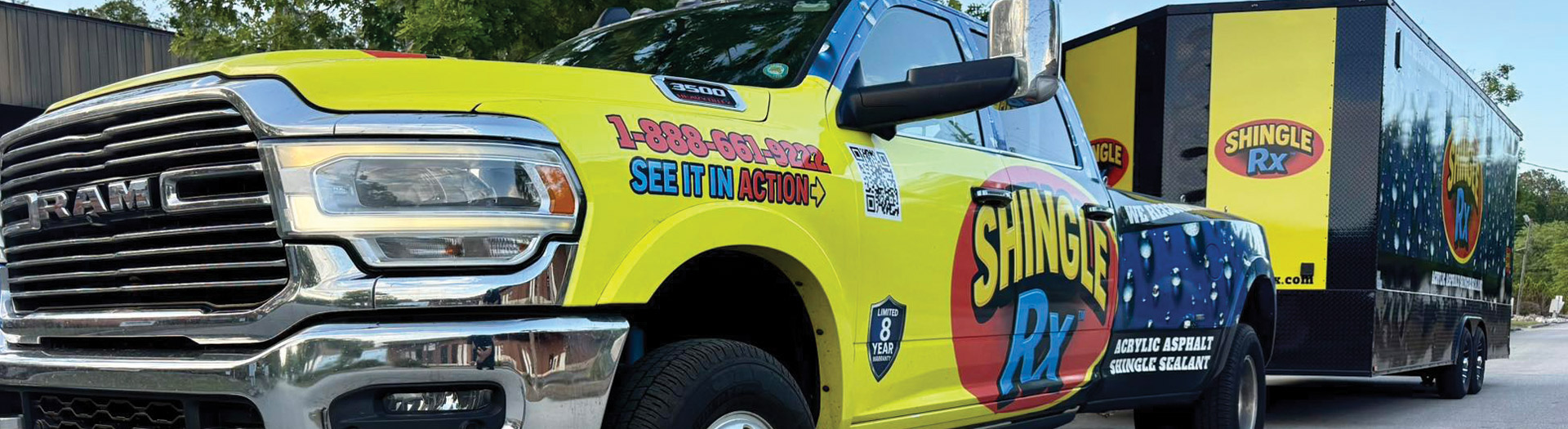 Shingle RX branded RAM 3500 truck and trailer parked under Florida trees representing careers and job opportunities with Florida roof rejuvenation company