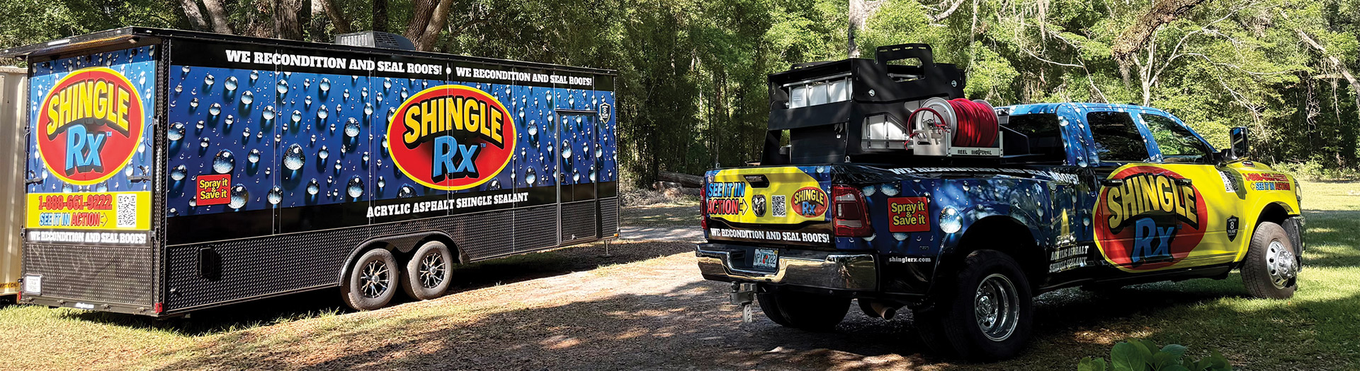 Shingle RX branded truck and trailer in Florida natural setting representing contact information for Florida roof rejuvenation specialists