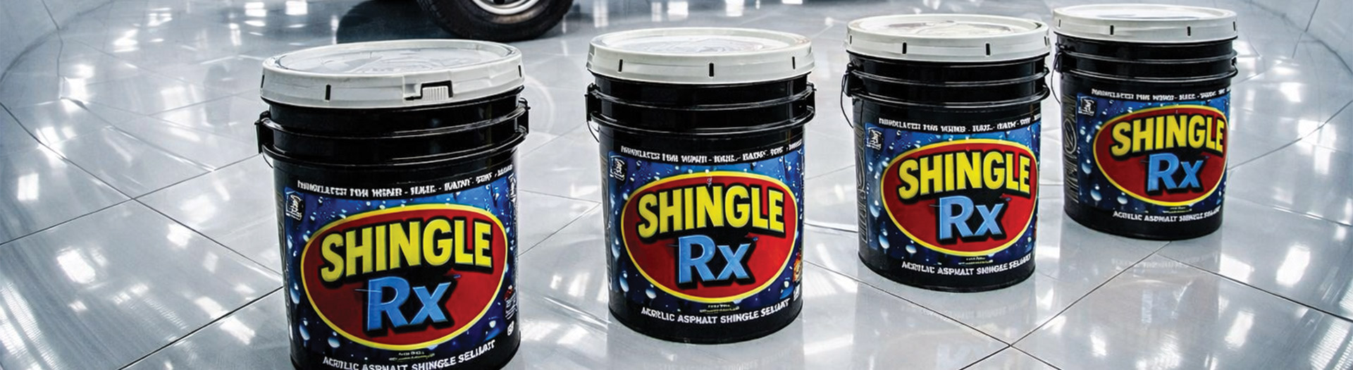 Four Shingle RX acrylic asphalt shingle sealant buckets lined up in professional studio setting showing how Florida roof rejuvenation process works