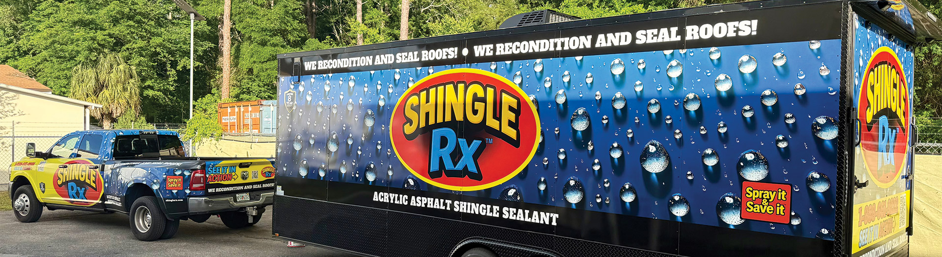 Shingle RX branded truck and wrapped trailer parked in Florida lot for HOA and condo roof rejuvenation approval program
