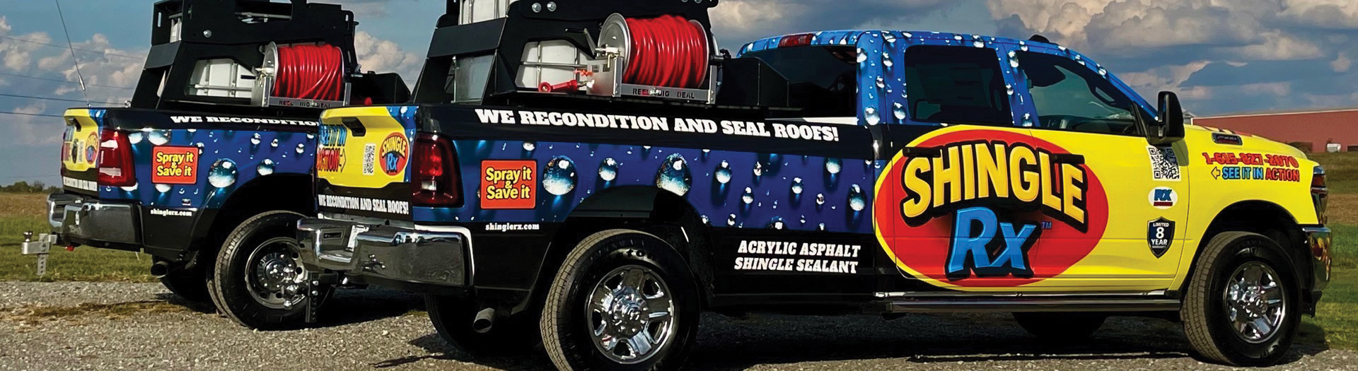 Two Shingle RX branded service trucks under dramatic storm clouds representing Florida hurricane and storm roof protection