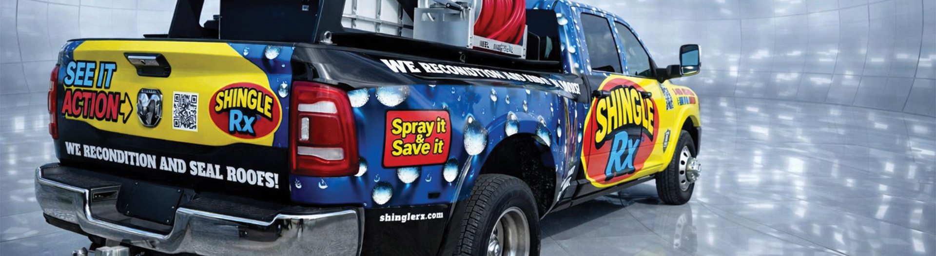 Shingle RX branded service truck hero shot showing professional Florida insurance-friendly roof maintenance equipment
