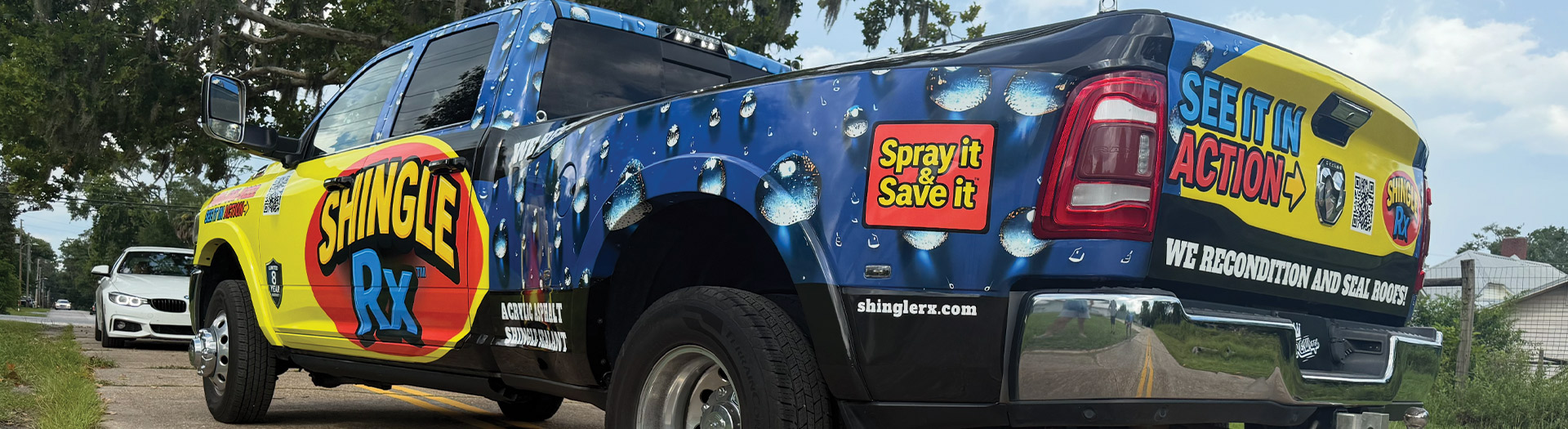 Shingle RX branded service truck hero shot representing statewide Florida roof rejuvenation service area coverage