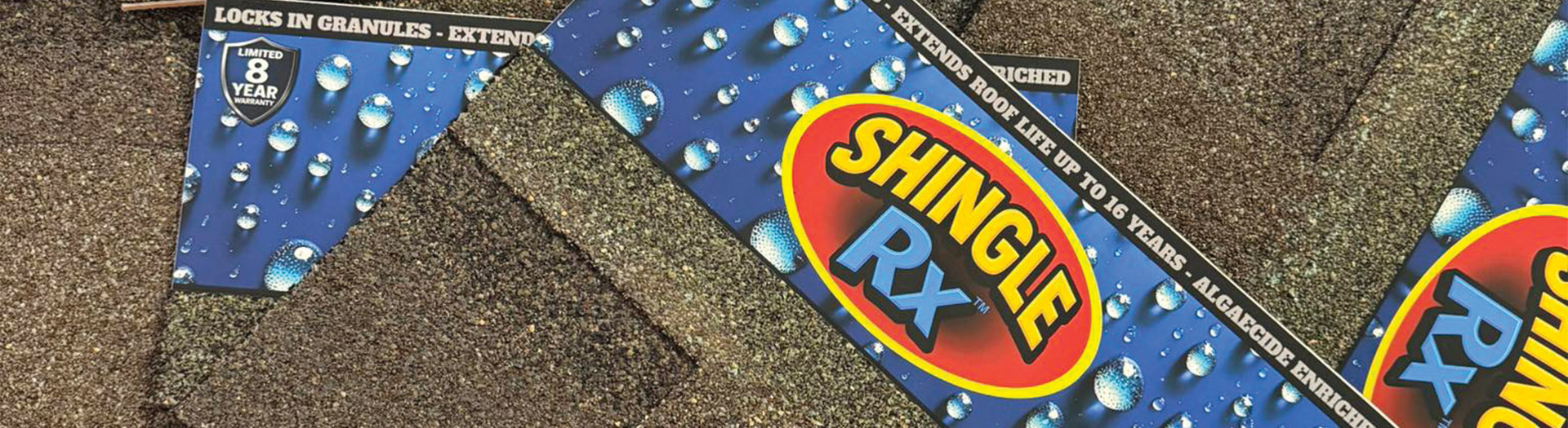Multiple Shingle RX roof sealer brochures fanned out on asphalt shingle samples showing 8-year warranty algaecide enriched promise to Florida homeowners