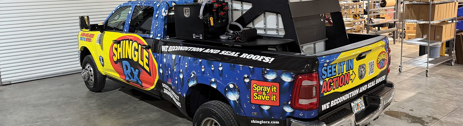 Shingle RX branded service truck on Florida residential street representing Tampa Bay roof rejuvenation service